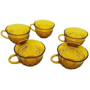 TIARA INDIANA GLASS AMBER SANDWICH PATTERN COFFEE Replacement CUPS ~‎ Set Of 5